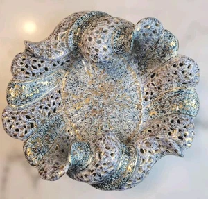 Italian Art Pottery Dish Reticulated Wall Hanging Sea Green Blue Gold 11.5” - Picture 1 of 10