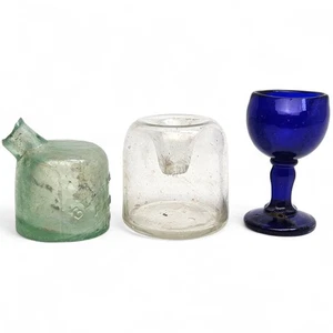 Blue Eye Bath + 2 Antique Glass Ink Wells inc Blackwood Igloo Bottle Lot VGC - Picture 1 of 13