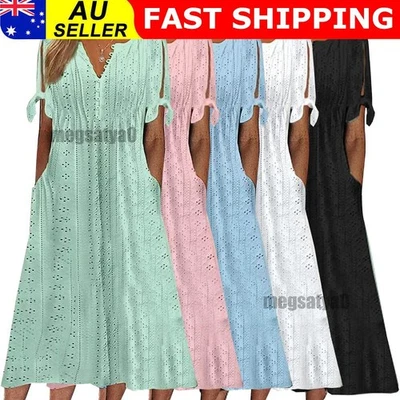 Boho Women Beach Dress Midi Sundress Travel Holiday Casual Lace A-line Dress AU - image 1 of 4