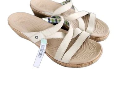 Crocs A-Leigh Womens Wedge Sandals Size 8 Beige Leather Cork Strap Slip On 11847 - Image 1 of 4
