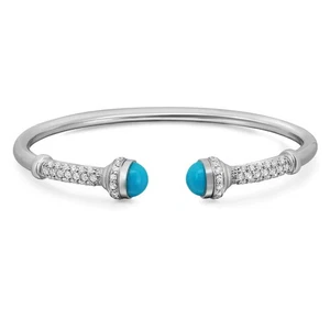 Turquoise & Diamond Open Bangle Bracelet 1.05Ctw 18K White Gold - Picture 1 of 5