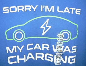 Academy Sports Sorry I'm Late My Car Was Charging Short Sleeve Crew Tee XL $20 - Picture 1 of 4