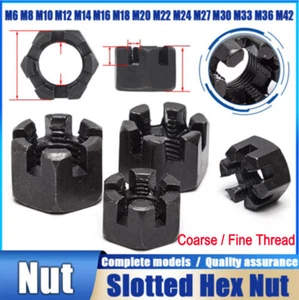 Select Size M6 - M42 Steel Locknut Slotted Hex Castle Nut - Coarse / Fine Thread - Picture 1 of 51