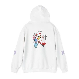 BTS BT21 Characters Inspired Hoodie, Kpop Merch, Front Left & Right Sleeves Logo - Picture 1 of 22