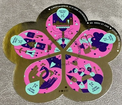 Hoja de estampillas de papel de plata usadas Finlandia 2009 - Día de San Valentín - Primer día Cancelar Foto 1 de 2