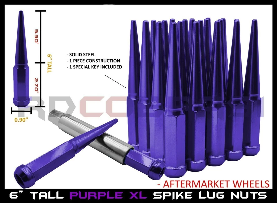 32 Pc 14x1.5 Powder Coated Purple 6" Tall Spike Lug Nuts For Chevy GMC 2500 3500 - Image 1 of 4