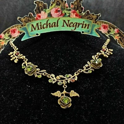 Collar Michal Negrin Rosas Declaración Verde Oliva Con Cristales Swarovski Regalo Foto 1 de 4