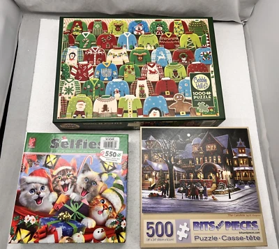 3 Christmas Jigsaw Puzzles Ceaco, Bits And Pieces, Cobble Hill, Cats, Sweaters - Image 1 of 4