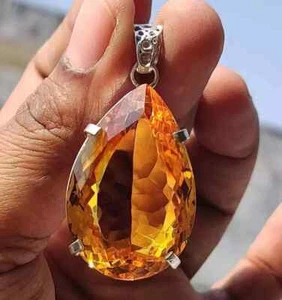 Ciondolo pietra preziosa sfusa zaffiro giallo certificato naturale 35 ct+ pera argento 925 - Foto 1 di 5