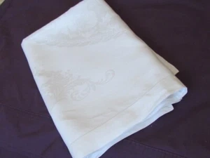 90x74" Irish Linen Damask Tablecloth Vintage Antique Floral Poppies Scroll White - Picture 1 of 20