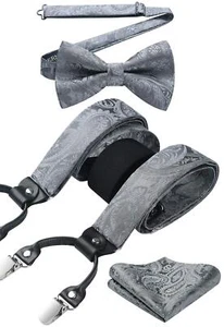 Suspenders for Men Paisley Floral Bow tie 6 Clips Y Shape Pocket Square - Picture 1 of 8