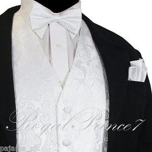 WHITE XS to 6XL Paisley Tuxedo Suit Dress Vest Waistcoat & Bow tie & And Hankie - Picture 1 of 5