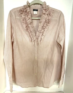 J. Crew Women's L Poplin Ruffle Long Sleeve Blouse Pink Stripe 100% Cotton - Picture 1 of 7