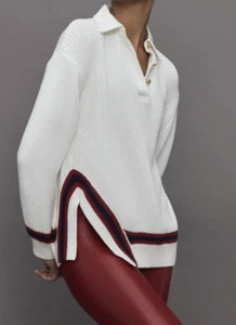 Carbon38 Mixed Media Rugby Collared Sweater Ribbed Thick Knit Ivory Size Large - Picture 1 of 13