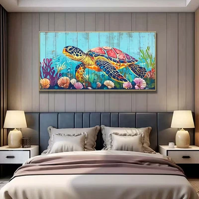 Marine Theme with Coral Reefs and Sea TurtleUnframed Canvas Painting for Living - Image 1 of 4