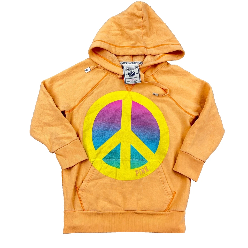 复古 Y2K Victoria Secret 粉红色连帽衫女式 XS 卫衣拼色 3/4 袖 — 第 1/4 张图片