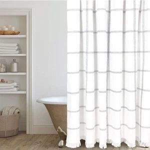 Modern Farmhouse Tassel Shower Curtain 100% Cotton Striped Fabric Shower Curt... - Picture 1 of 6