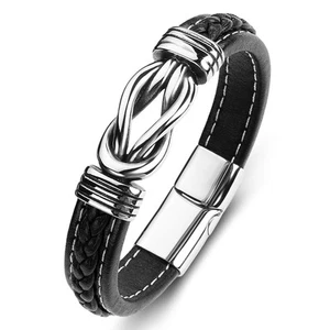 Mens Leather Bracelet,Braided Leather Wristband Cuff Bracelets Stainless Stee... - Picture 1 of 5