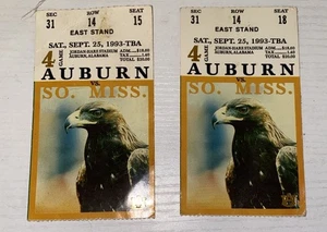 2 VINTAGE 1993 AUBURN TIGERS VS Southern Miss Mississippi FOOTBALL TICKET STUBs - Picture 1 of 8