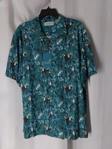 CARIBBEAN Roundtree Yorke Shirt XL Hawaiian floral Toucan print Teal green blue - Picture 1 of 2
