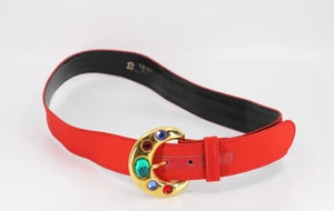 A5 Auth ESCADA Vintage Jeweled Gem Buckle Red Silk Statement Belt EU 38 US 30 - Picture 1 of 3