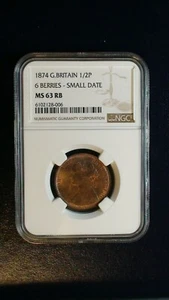 1874 Great Britain Half Penny NGC MS63 RB 6 BERRIES small Date 1/2P Coin BUY IT! - Picture 1 of 4