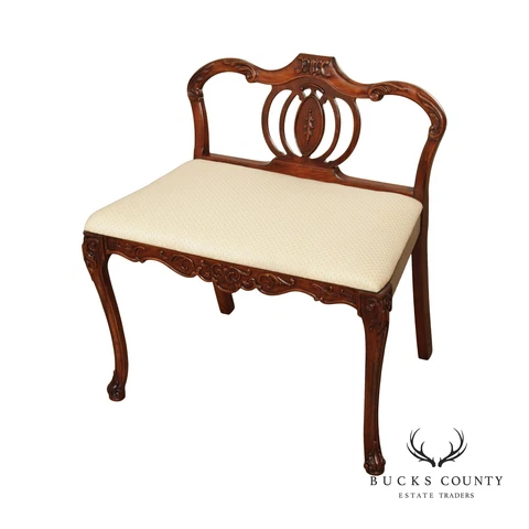 Vintage French Style Carved Mahogany Vanity Bench Cover