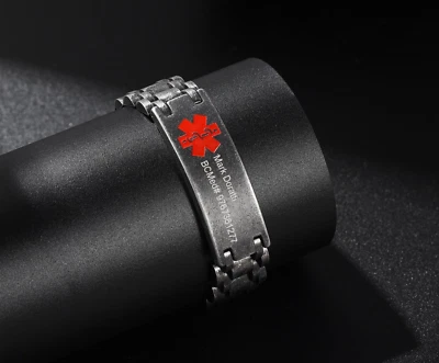 Personalized Engraved Mens Medical ID Name/Number Bracelet Black Stainless Steel - Image 1 of 4
