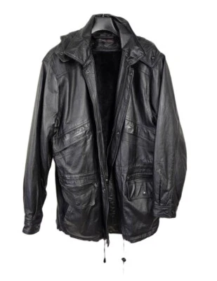 Phase Two Men's Black Leather Jacket Size L multi pocket, hoodie removable liner - Image 1 of 4