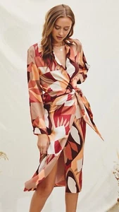 DRESS FORUM The Right Fit Geometric Midi Wrap Dress- Autumn Leaves- Size Medium - Picture 1 of 9