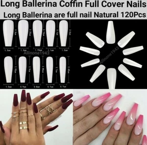 100/500/600Pcs Long Ballerina Coffin/Flat French/Stiletto/Almond False Nail/Tips - Picture 1 of 59