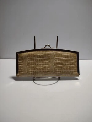 Cartera/embrague vintage bronceado/beige/plateado rolfs estampado de piel de serpiente, broche de beso 9"X4" Foto 1 de 4