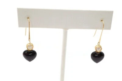 14k Yellow Gold Cubic Zirconia Black Onyx Heart Dangle Earring - Image 1 of 4