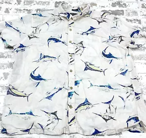 Eddie Bauer Linen Shirt Men XXL 2XL White Button Up Fish Print Hawaiian Marlin - Picture 1 of 9