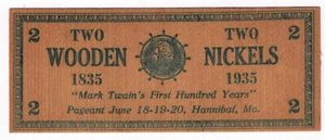 Vtg 1935 MARK TWAIN'S FIRST HUNDRED YEARS Two Wooden Nickels Card HANNIBAL, MO - Picture 1 of 2