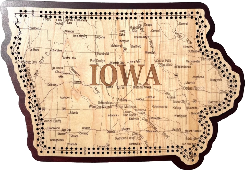 Iowa Sate Shaped Road Map Cribbage Board - Image 1 of 1