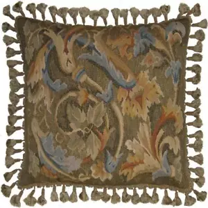 Throw Pillow Aubusson Leaves Leaf 22x22 Olive Green Bronze Beige Velvet Down - Picture 1 of 1