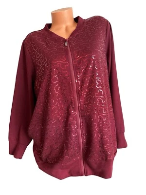 Quacker Factory Sequin Swirl Terry Bomber Jacket Burgundy Full Zip 1X - Image 1 of 4