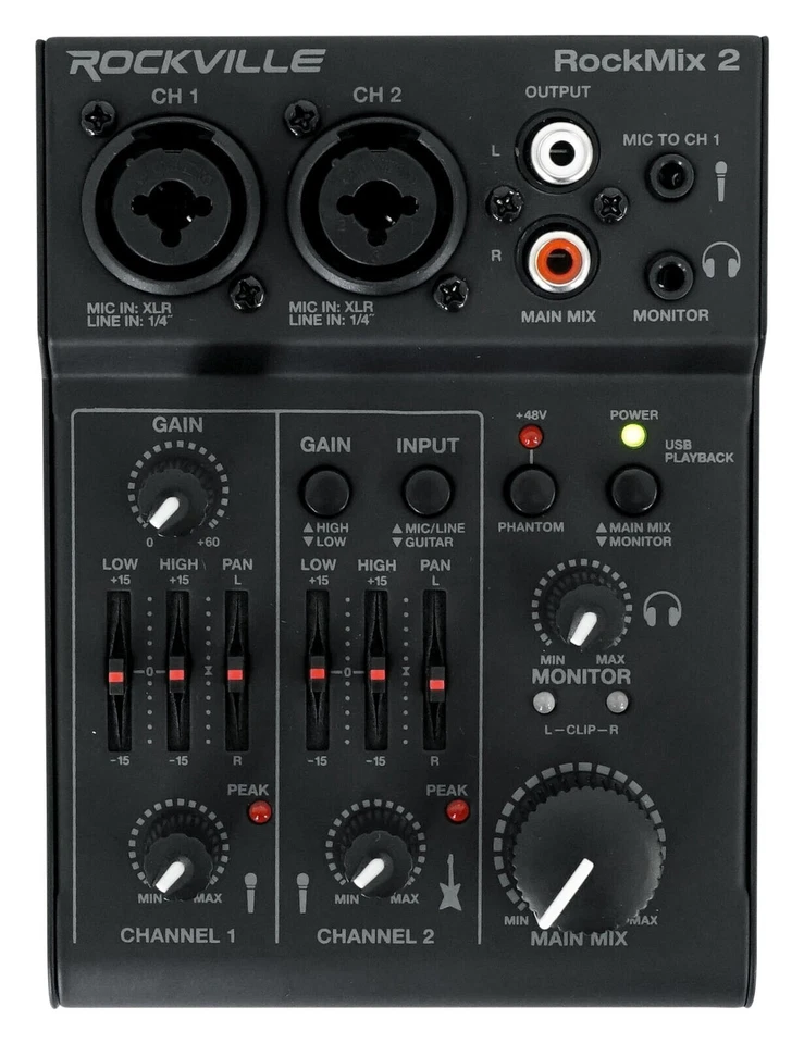 Rockville RockMix 2 Channel Mic/Instrument Pro Recording Mixer+USB Interface/EQ - Image 1 of 1