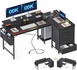 Corner Desk with Drawers, L Shaped Computer Desk with USB Charging Port & PC - Picture 1 of 7