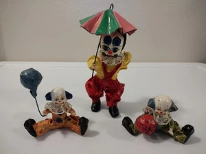 Lot Of 3 Vintage Hand Made Paper Mache CLOWNS Creepy Sad Folk Art  - Picture 1 of 19