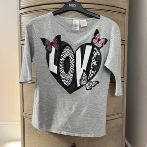 H&M T Shirt Grey Love Heart Butterfly Graphic Age 8-10 - Picture 1 of 5