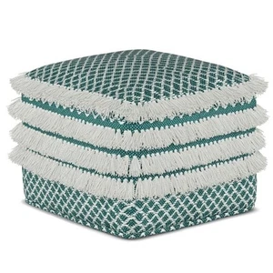 Simpli Home Leah Boho Square Woven Pouf in Turquoise and White - Picture 1 of 5