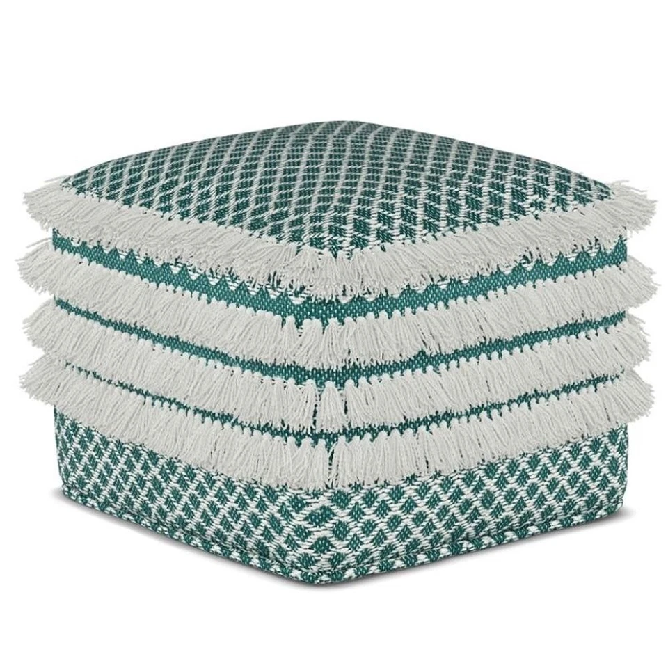 Simpli Home Leah Boho Square Woven Pouf in Turquoise and White - Image 1 of 4