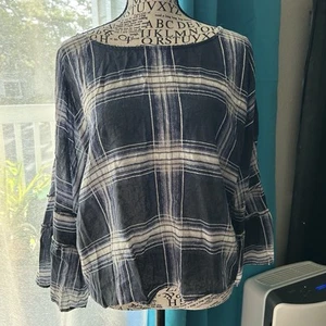 Vince Camuto Womens Blouse Plaid Witchy Flare Sleeve Romantic Goth Blue/White L - Picture 1 of 7