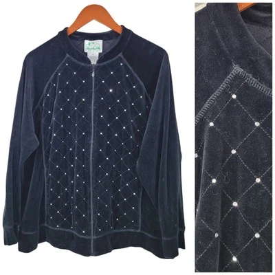 Quacker Factory Black Velvet Jacket Plus 1X Zip Up Casual Quilted Gemstone  - Image 1 of 4
