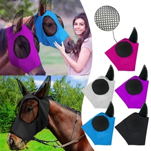 Elastizität feinmaschig Pferd Vollgesicht Fliegen Maske Kapuze mit Ohren lange Nasenklappe Neu - Bild 1 von 18