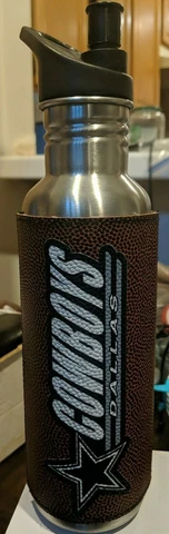 Dallas Cowboys Steel Water Bottle with leather "Football" wrap 26 oz Cover