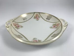 Antico C.S. PRUSSIA PIATTO CON MANICO in porcellana - rosa floreale - bordo testurizzato oro - Foto 1 di 6