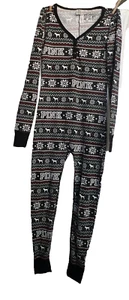 PINK One Piece/Union Suit Pajamas Trap Door Wms Sz S UGLY CHRISTMAS PJs! - Picture 1 of 6